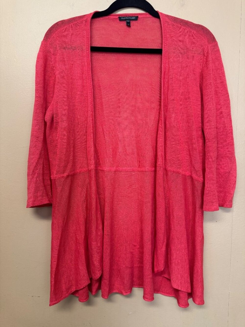 Eileen Fisher 100% Linen Open Front Cardigan Coral Pink 3/4 Sleeve Medium